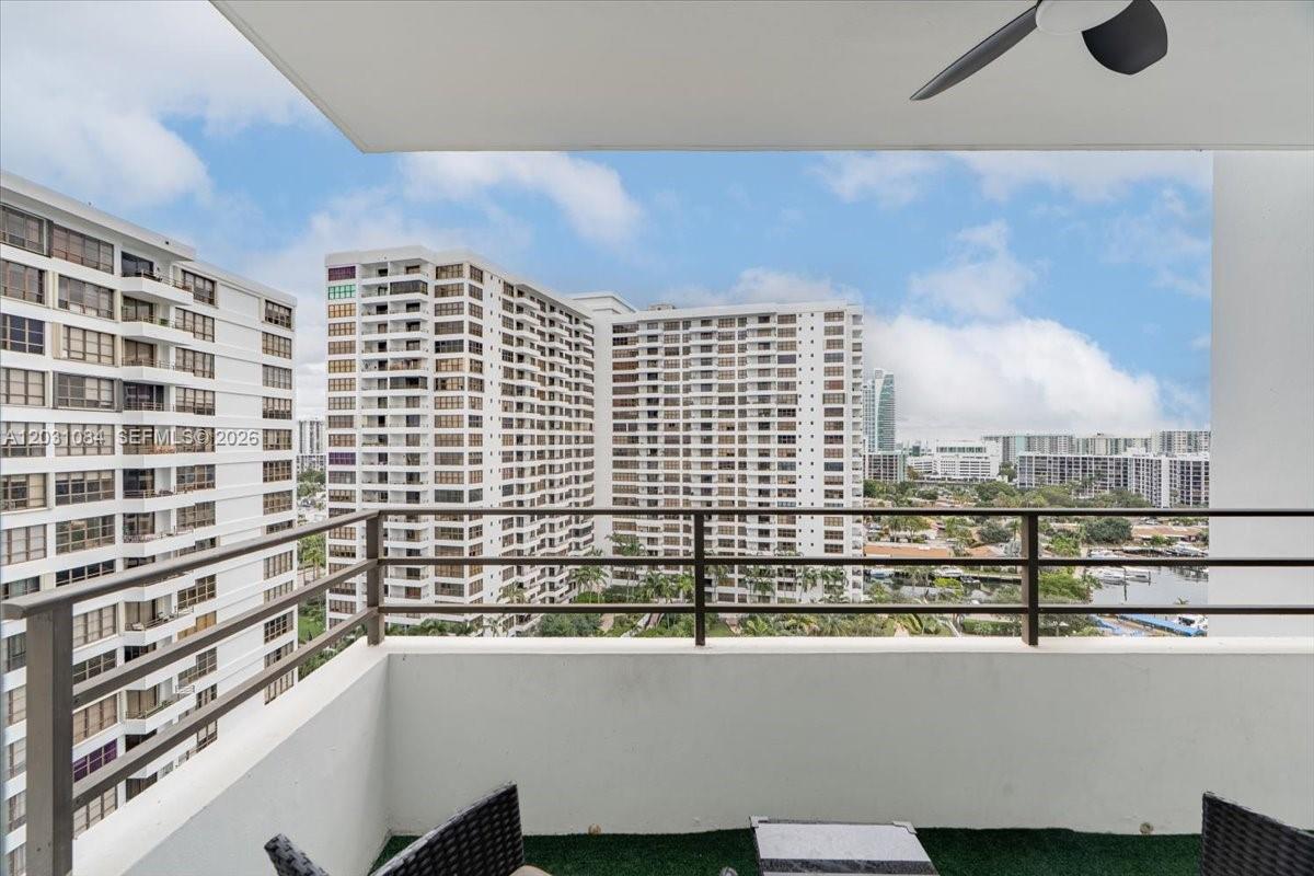 Waterfront balcony view from the Olympus condominium at 600 Three Islands Boulevard